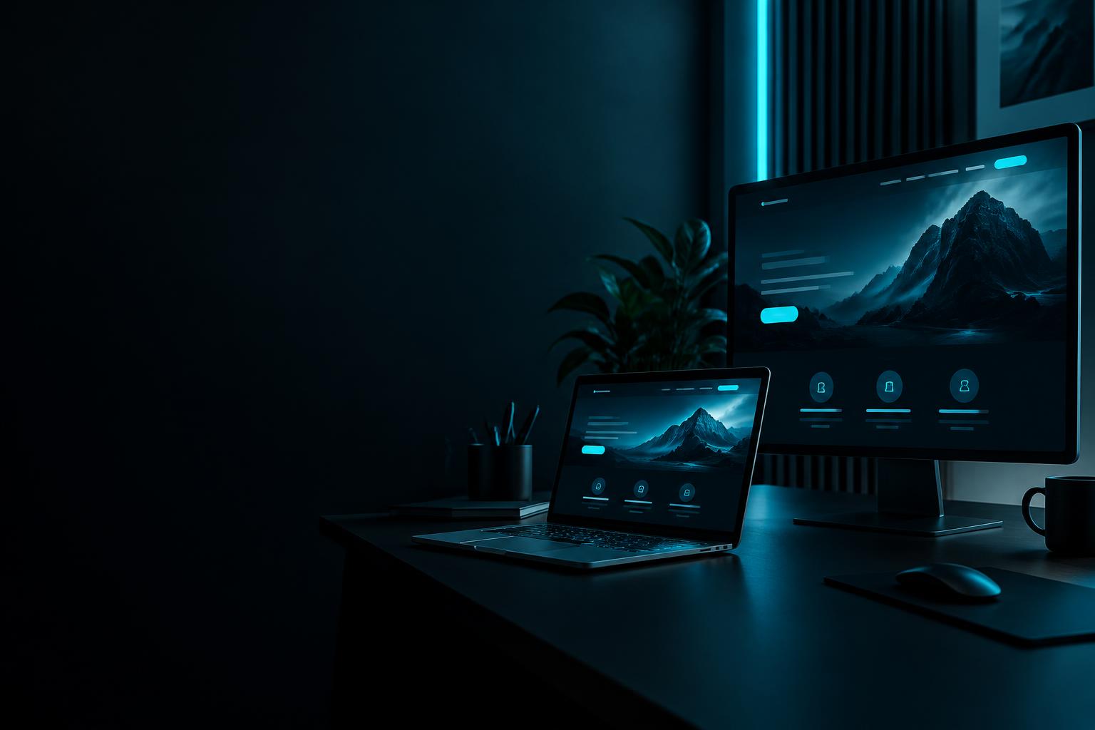Monitor e notebook exibindo um site moderno em um estúdio escuro