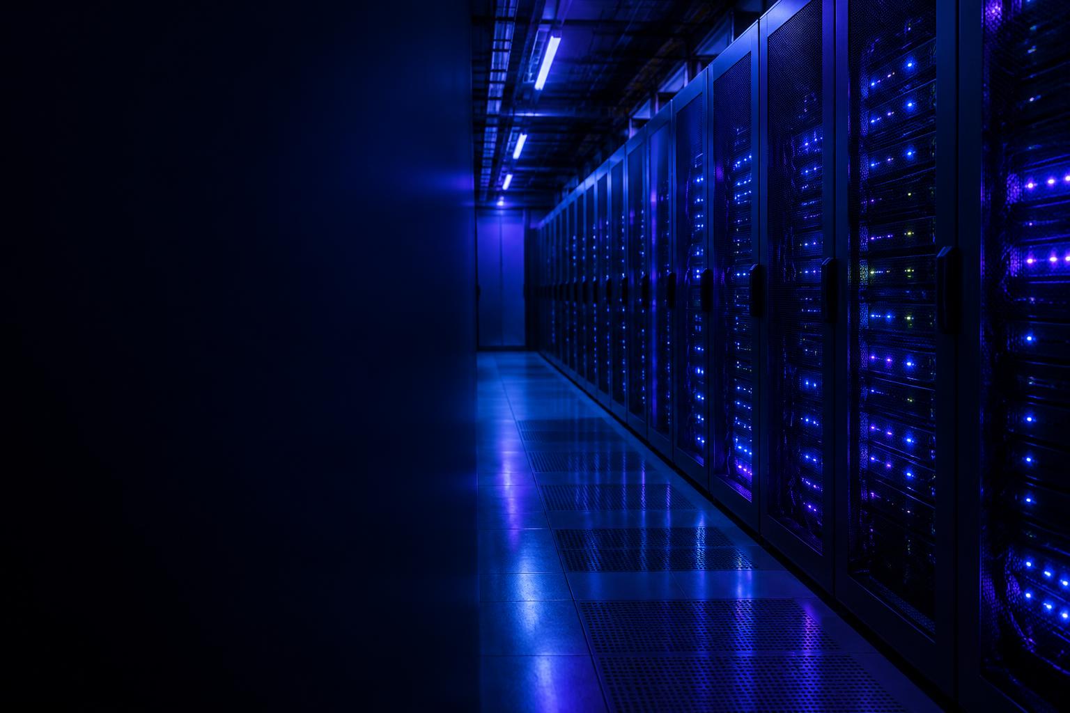 Corredor de datacenter com racks de servidores iluminados em azul